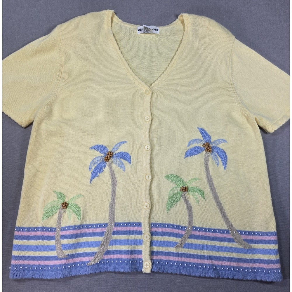 Vintage Alfred Dunner Palm Tree Knit Top 2X Yellow Short Sleeve Coastal Casual